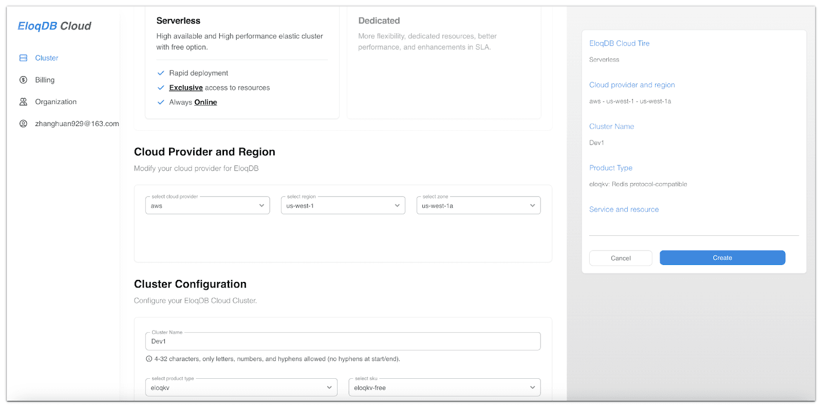 EloqDB Cloud console creating a Serverless cluster named Dev1 on AWS us-west-1a, with the review panel summarising tier and product type beside a Create button