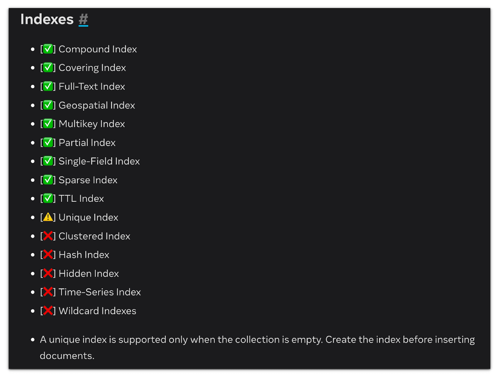 Index list ticking nine types from compound to TTL, crossing out five including clustered, hash and wildcard, and flagging unique indexes as supported only on an empty collection