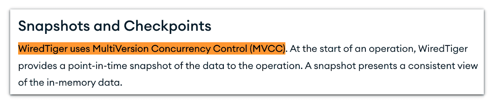 MongoDB docs section "Snapshots and Checkpoints" with the sentence "WiredTiger uses MultiVersion Concurrency Control (MVCC)" highlighted in orange