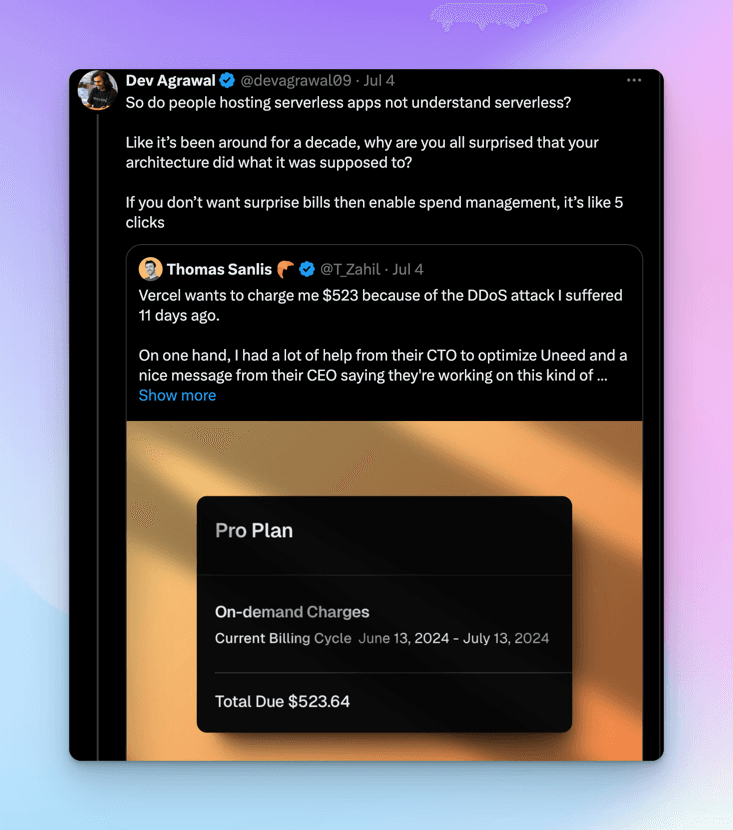 Dev Agrawal quote-tweeting Thomas Sanlis about a Vercel charge after a DDoS attack, with the Pro Plan on-demand charges panel reading Total Due $523.64