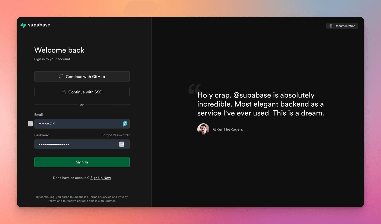 Supabase's Welcome back sign-in page offering Continue with GitHub and Continue with SSO above email and password fields