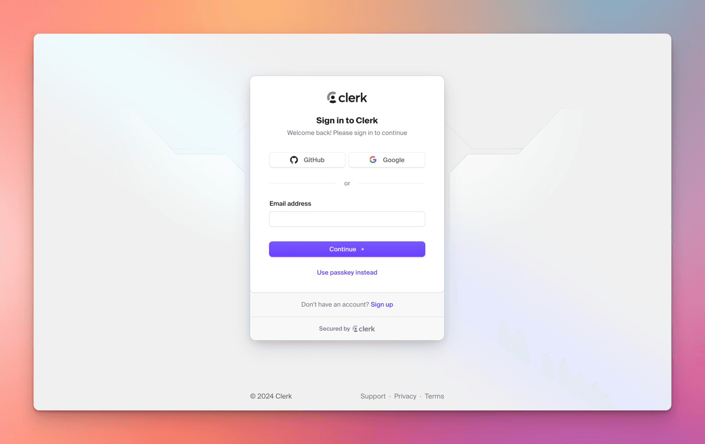 Clerk's Sign in to Clerk card with GitHub and Google buttons, an email address field, and a Use passkey instead link