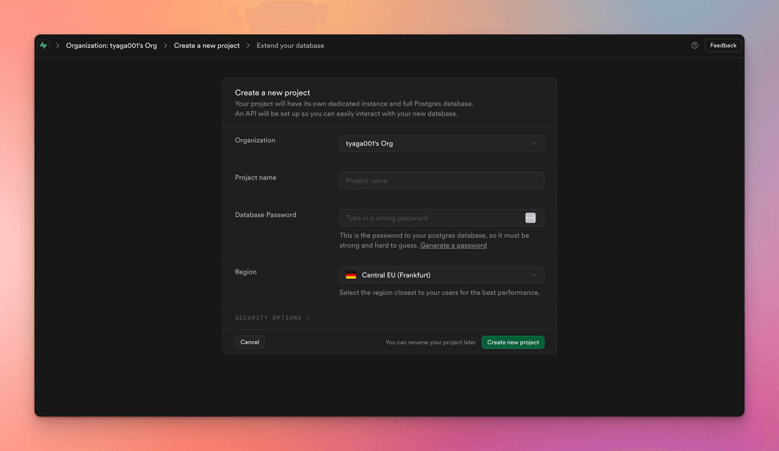 Supabase's Create a new project form with project name, a database password field offering Generate a password, and the Central EU (Frankfurt) region