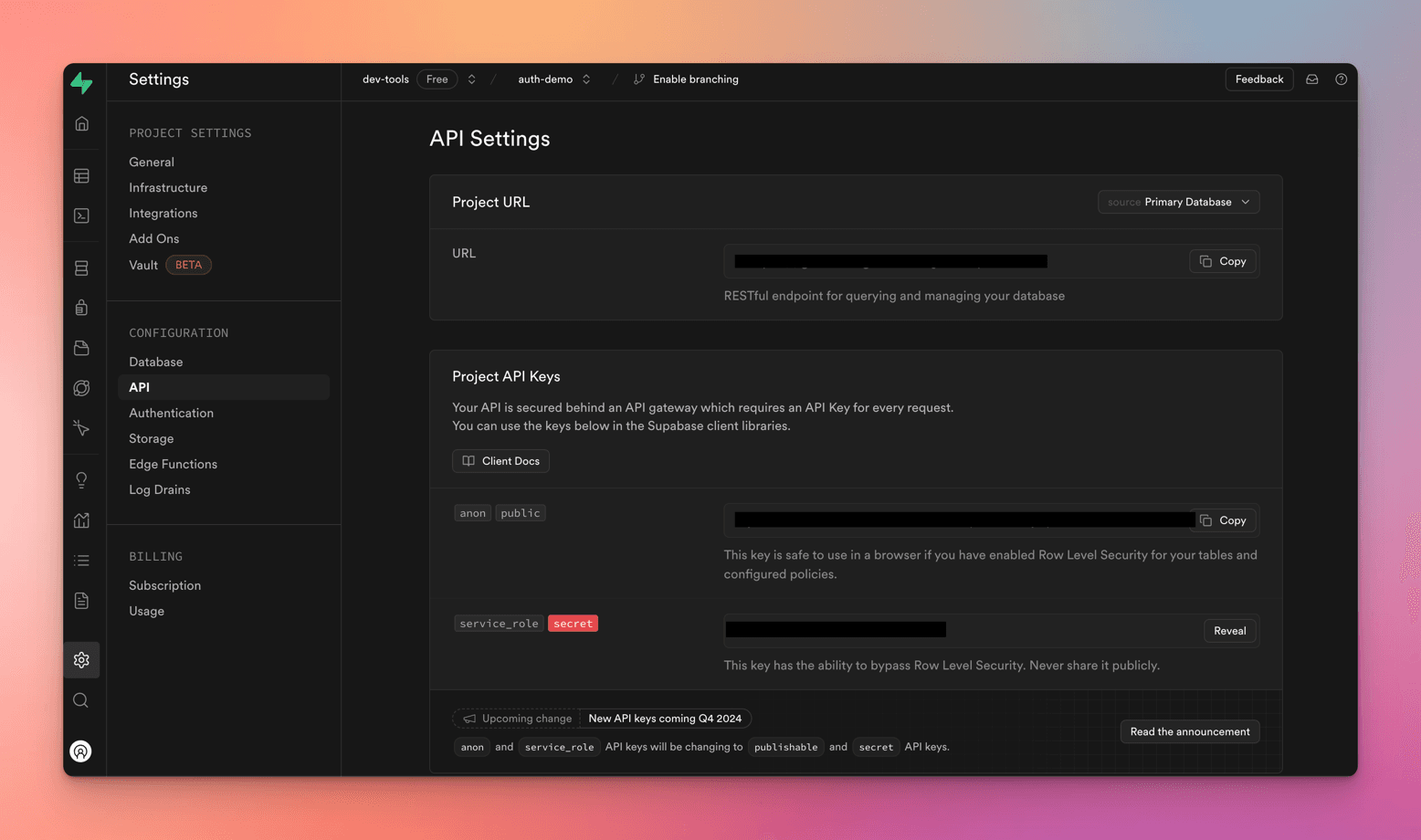 Supabase API settings listing the project URL alongside the redacted anon public and service_role secret keys, with a Row Level Security warning