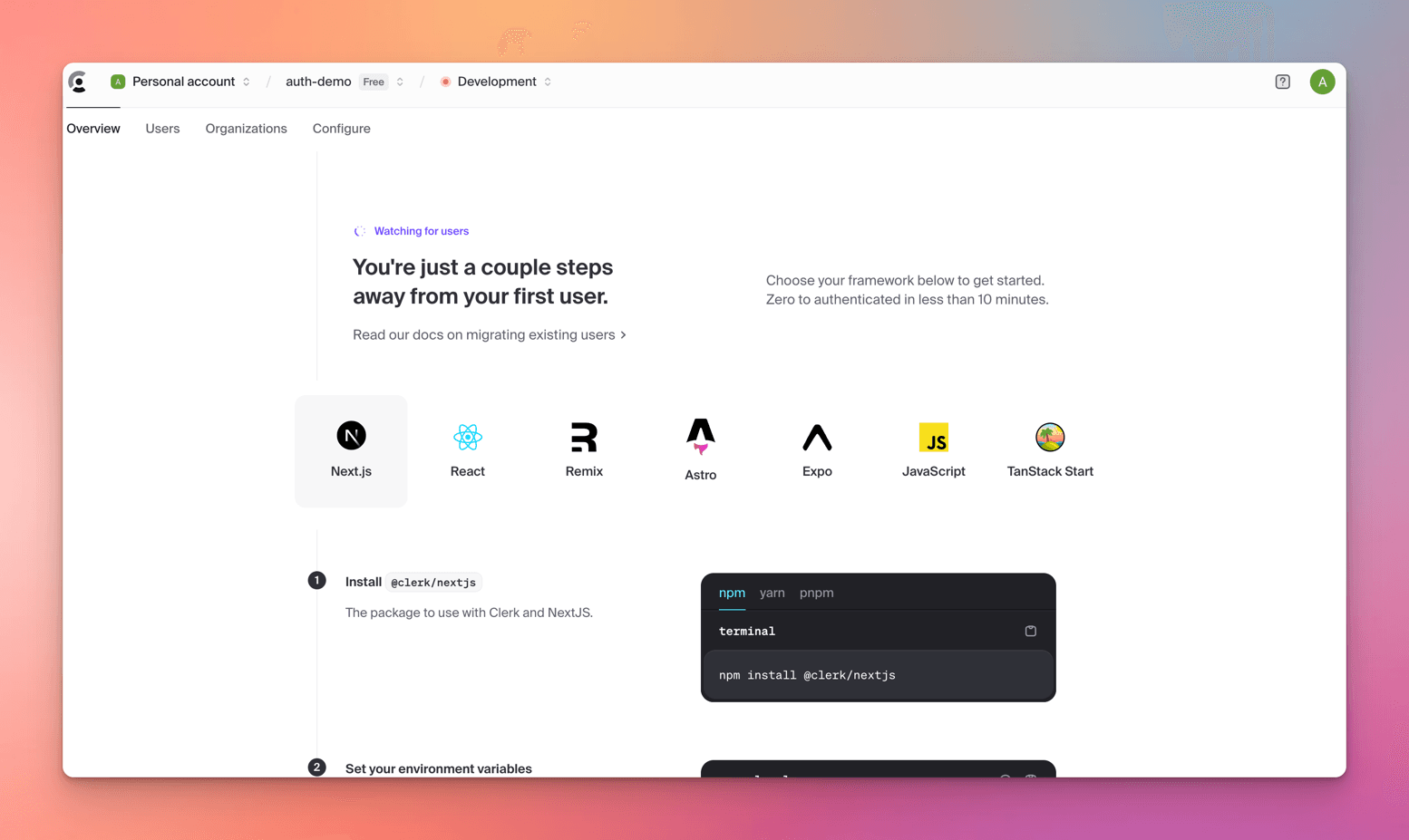 Clerk onboarding for the auth-demo app, watching for a first user, with seven framework tiles from Next.js and React to JavaScript and TanStack Start