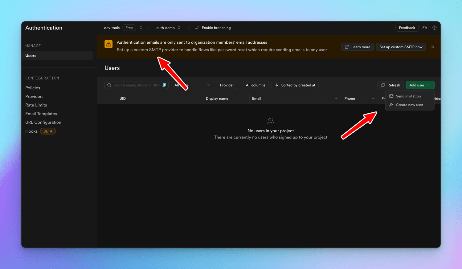 Supabase's empty Authentication Users list, with red arrows on a banner warning that auth emails only reach organization members