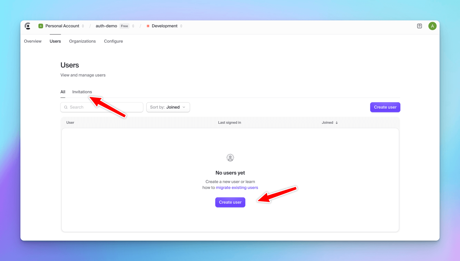 Clerk's Users page reading No users yet, with arrows pointing at the Invitations tab and the Create user button