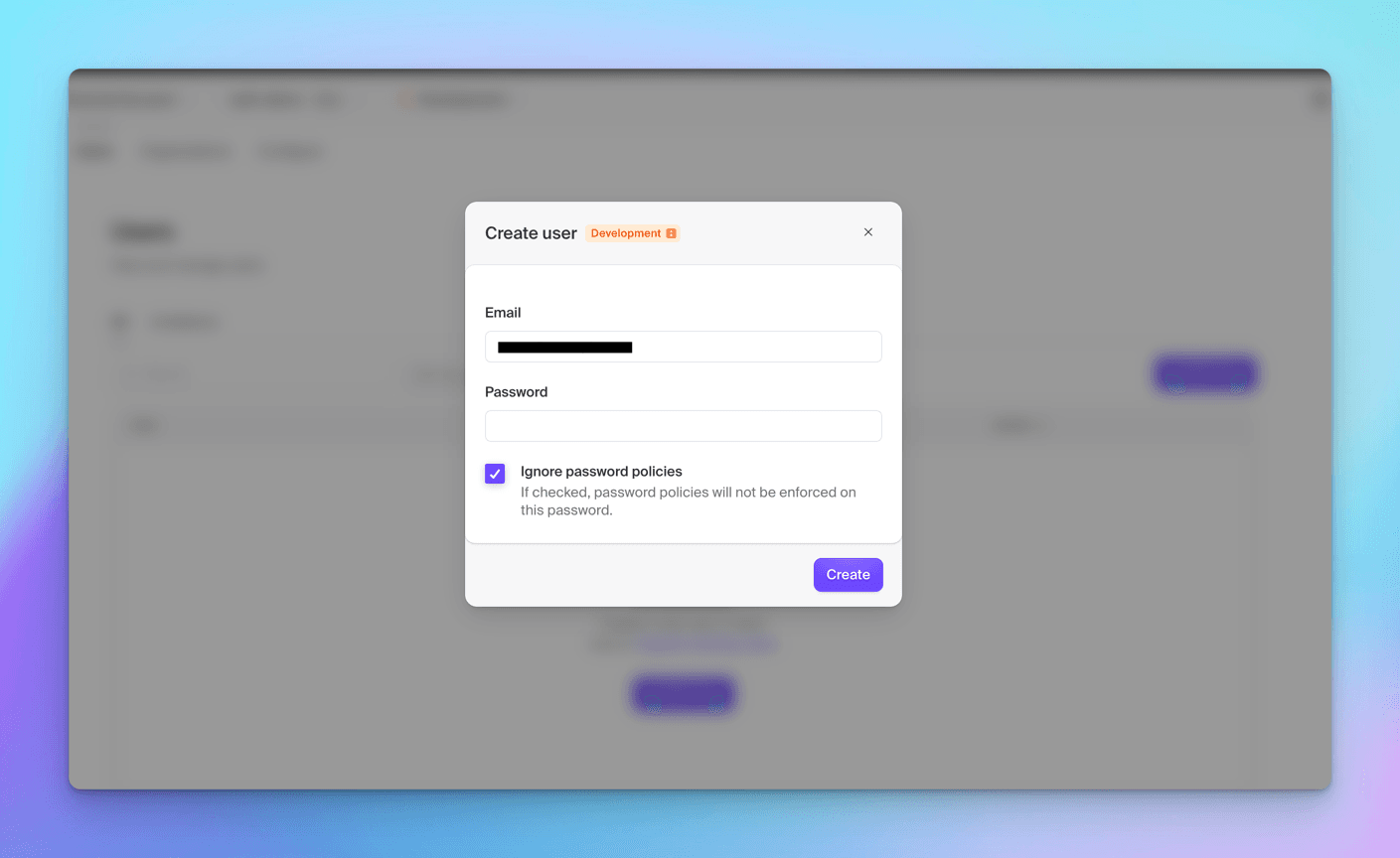 Clerk's Create user modal on the Development instance, with the email filled in and Ignore password policies ticked before hitting Create