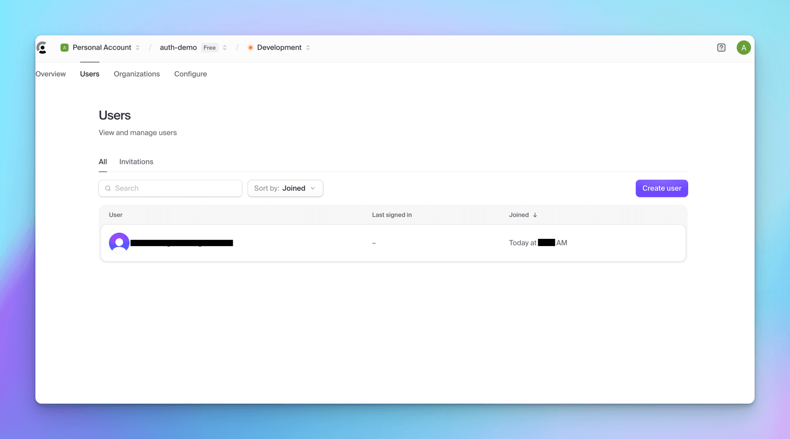 Clerk's users list holding one newly added account, joined today with a dash under Last signed in