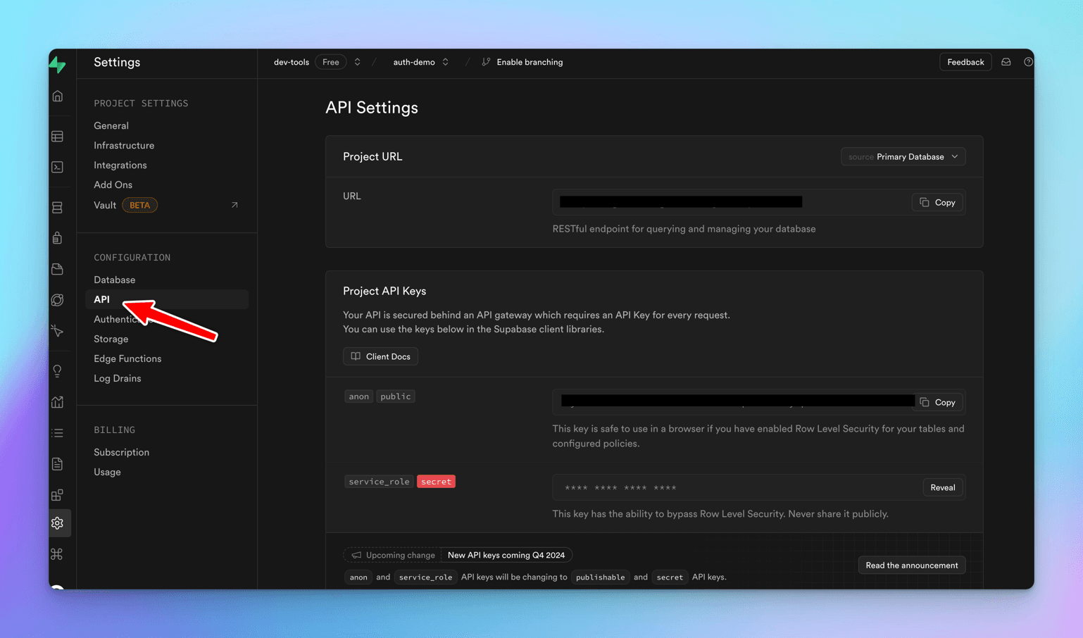 Supabase project settings with a red arrow at API under Configuration, where the project URL and the anon public and service_role keys live