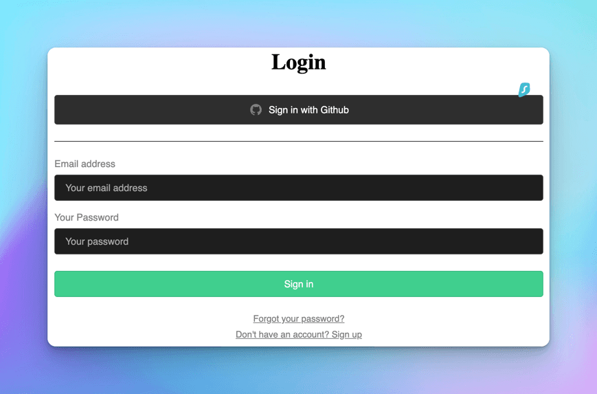 Supabase's pre-built Auth form on a white Login card: dark Sign in with Github button, dark email and password fields, green Sign in button, reset and sign-up links