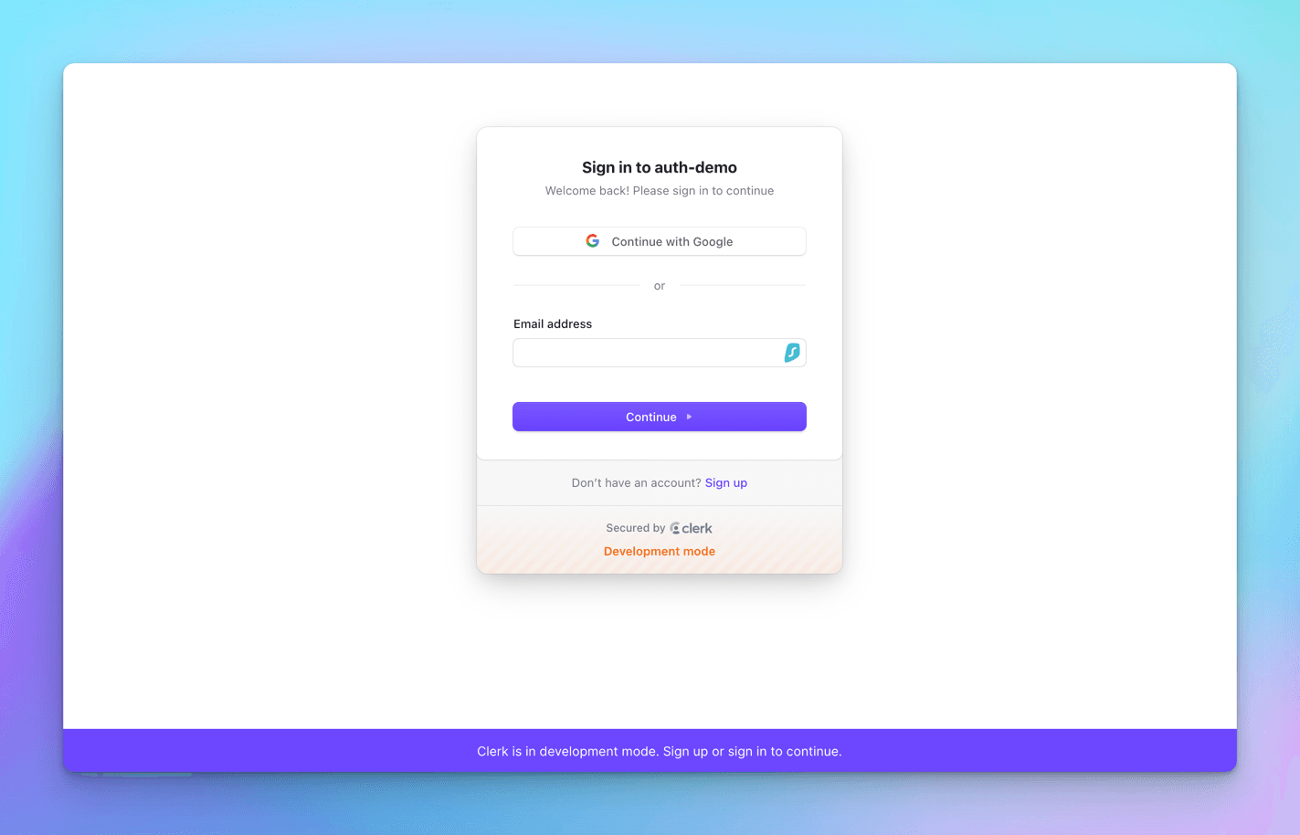 Clerk's hosted Sign in to auth-demo modal with a Continue with Google button, an email address field, and a Development mode banner
