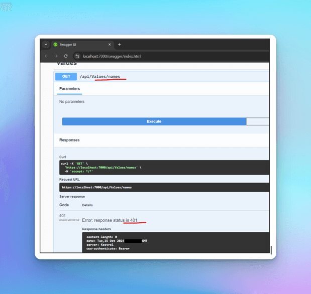 Swagger UI returning 401 for GET /api/Values/names, with the error underlined in red and a www-authenticate: Bearer response header
