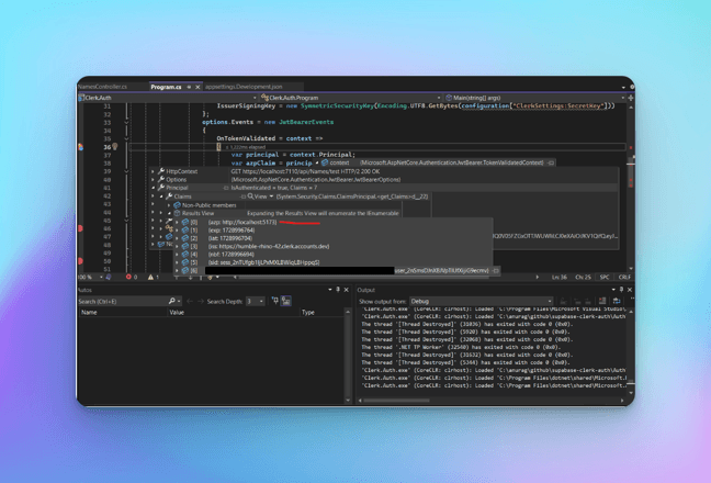 Visual Studio debugger tooltip on the OnTokenValidated context, expanding the JWT claims with a red line marking the azp localhost origin