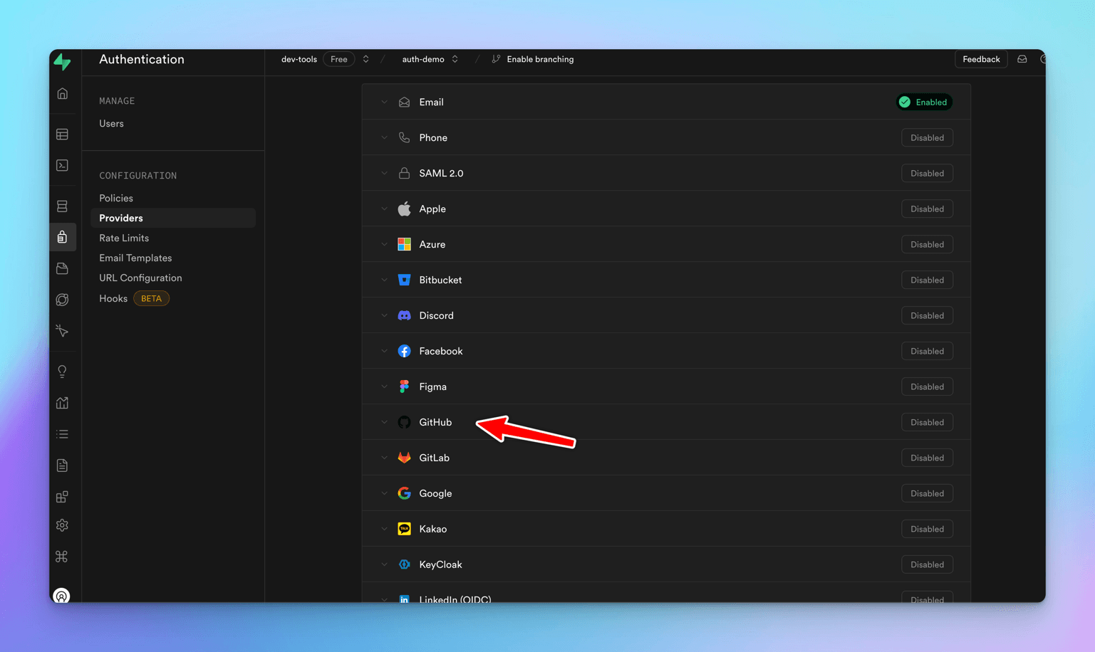 Supabase Authentication Providers page where Email is the only enabled provider - Phone, SAML 2.0 and every OAuth row below it are Disabled - with a red arrow pointing at GitHub