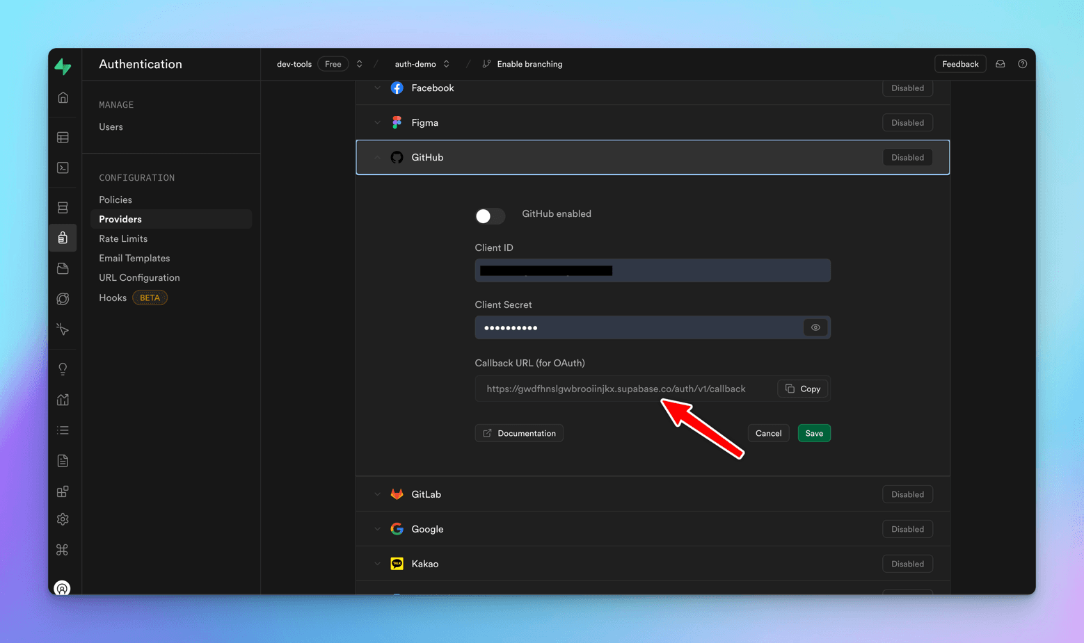 Supabase's GitHub provider panel expanded with the enabled toggle off, Client ID and Client Secret inputs, and an arrow on the pre-filled callback URL