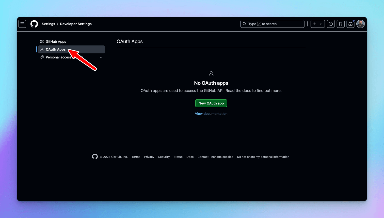GitHub Developer Settings on OAuth Apps, with an arrow on the sidebar link and a No OAuth apps empty state offering a New OAuth app button