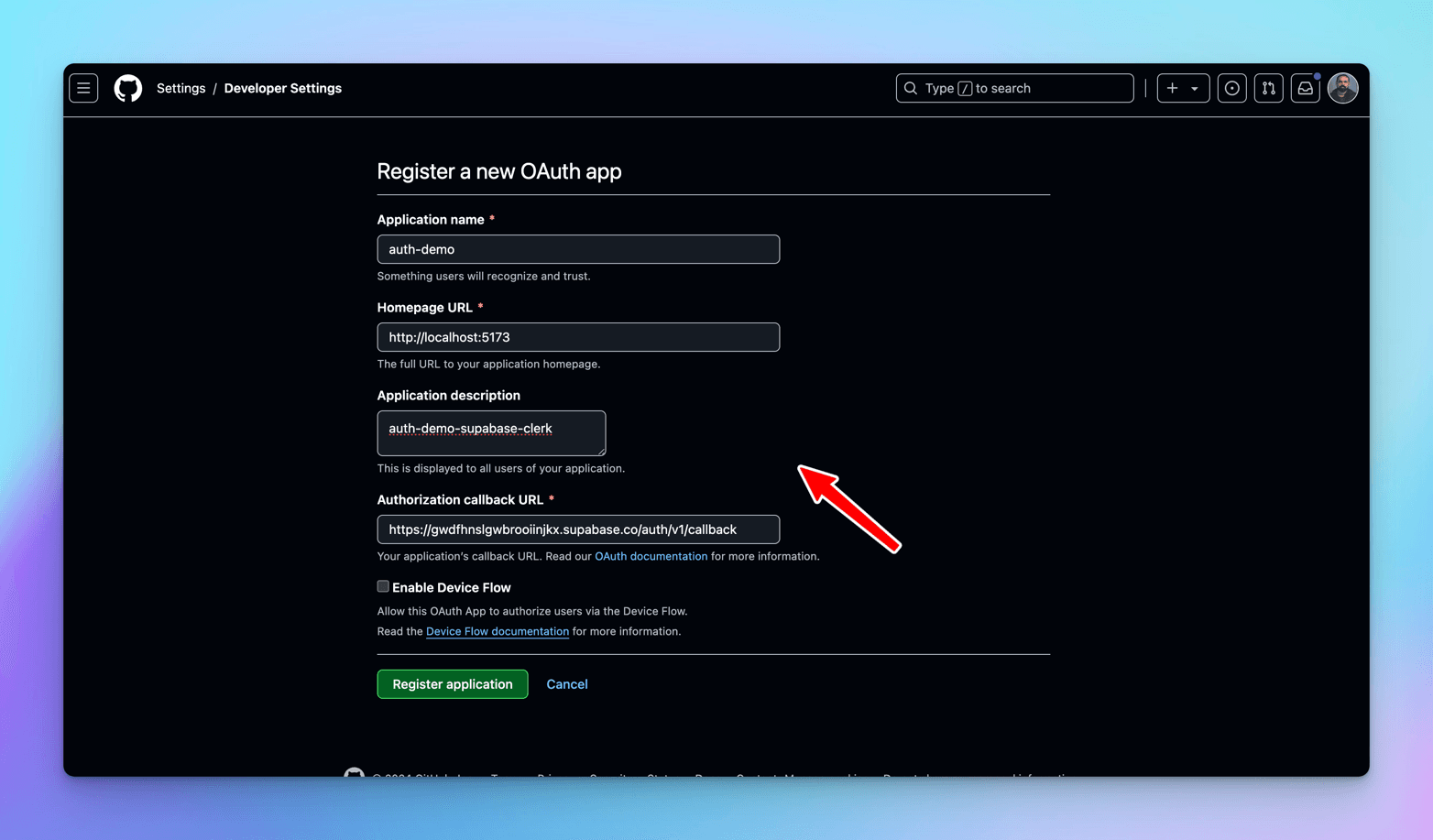GitHub's Register a new OAuth app form filled in with name auth-demo, homepage http://localhost:5173 and the Supabase auth/v1/callback URL