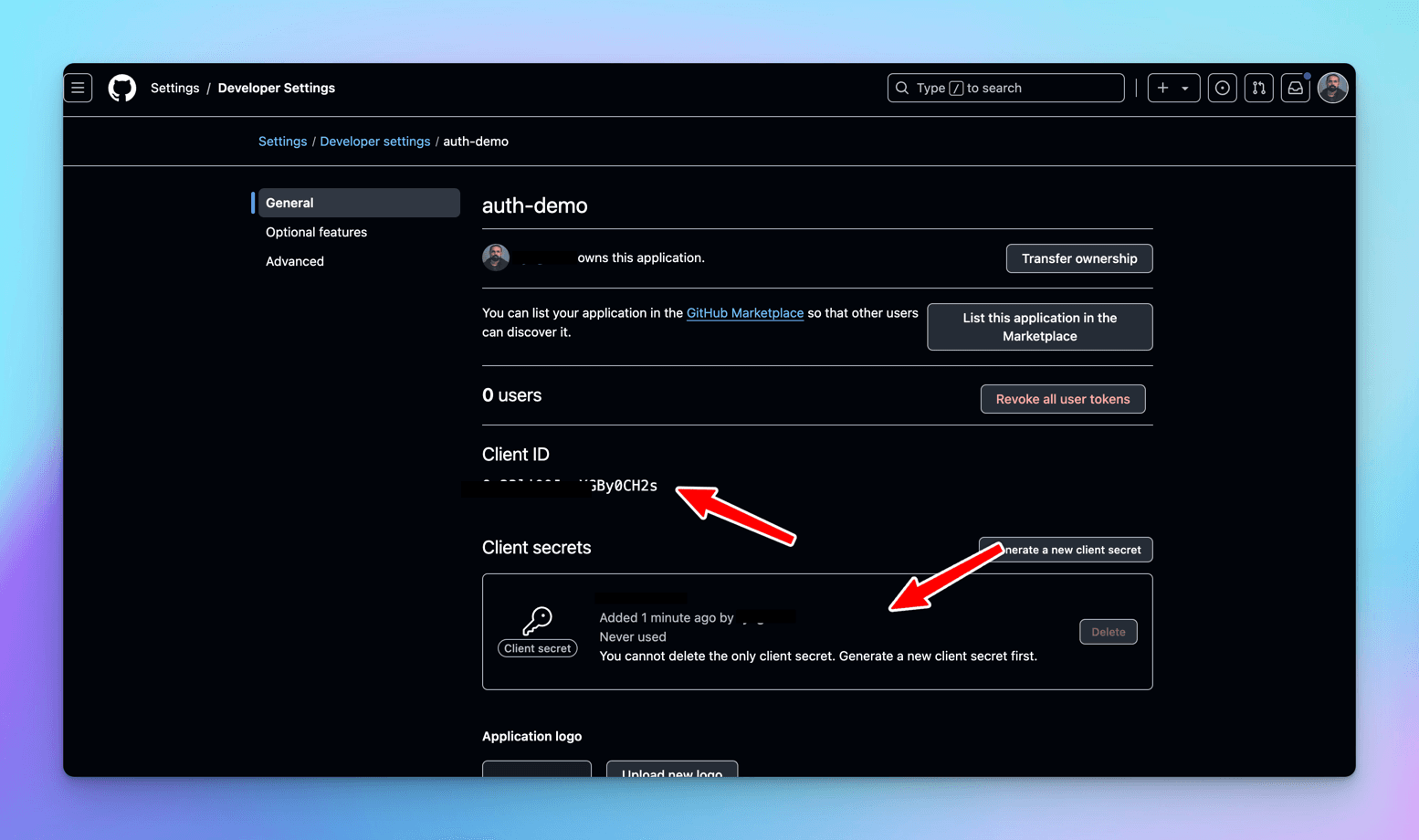 GitHub's auth-demo OAuth app settings with arrows on the partly masked Client ID and a client secret added one minute ago, still never used