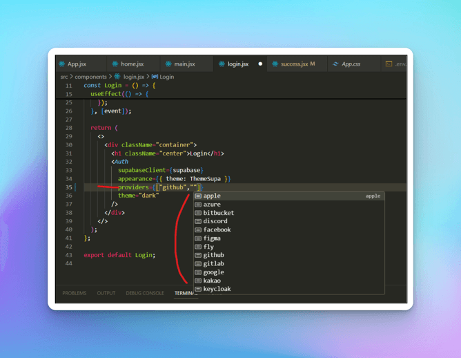 login.jsx in VS Code adding github to the Auth component's providers array, with the provider autocomplete list open
