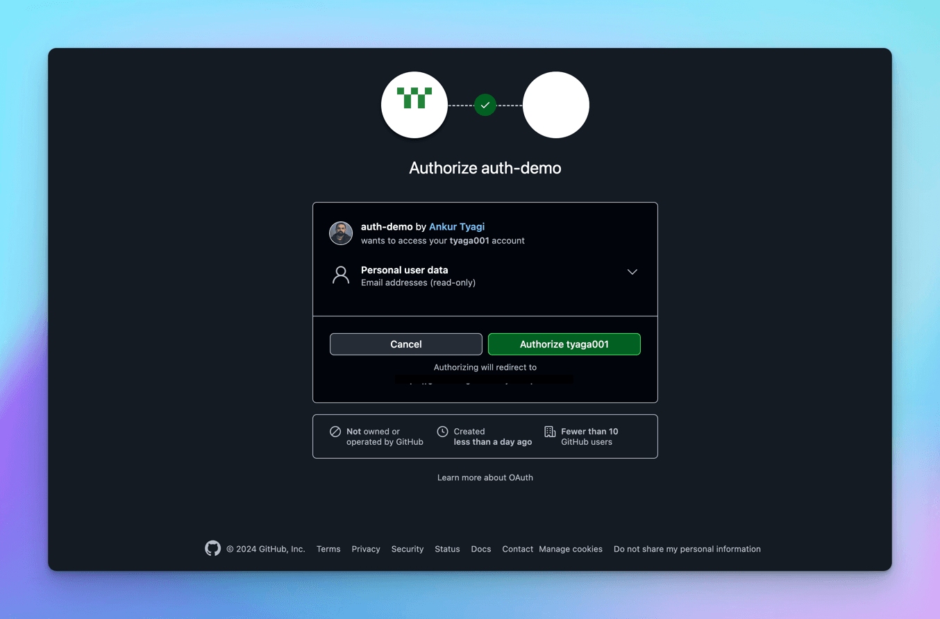 GitHub OAuth consent screen for the auth-demo app, asking for read-only access to email addresses, with a green Authorize tyaga001 button
