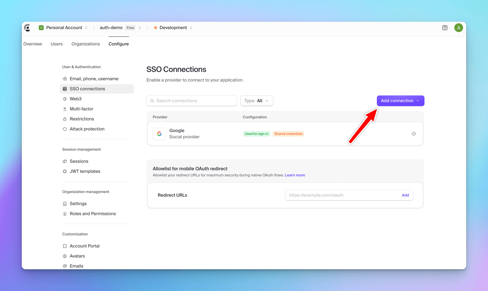 Clerk dashboard SSO Connections page listing Google as the only social provider, with a red arrow pointing at the Add connection button