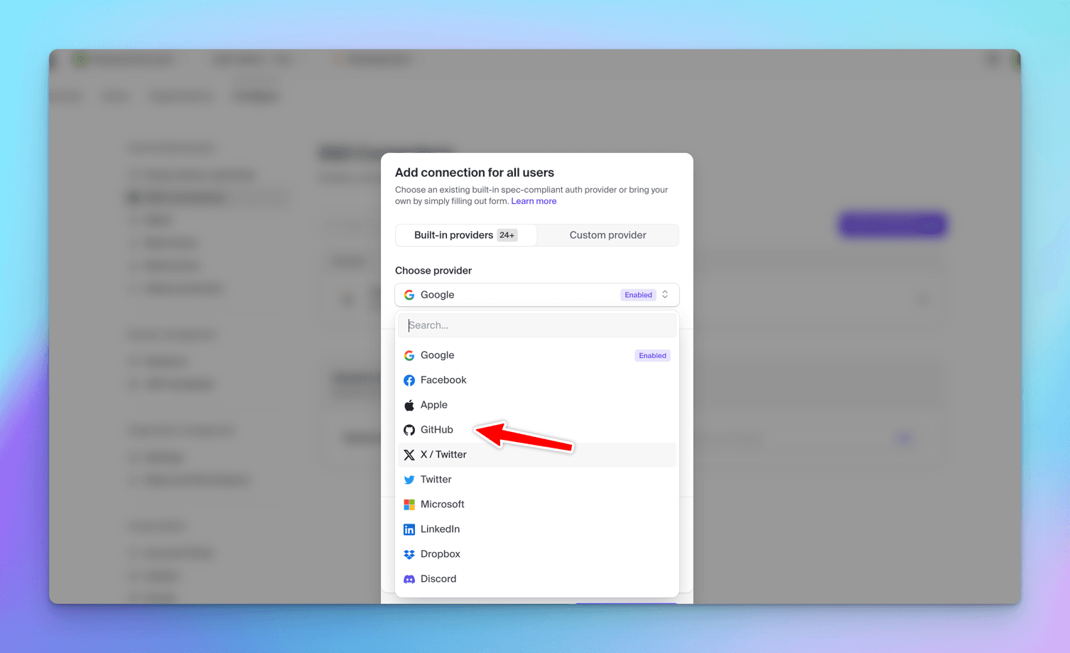 Clerk's Add connection for all users dialog with the built-in provider dropdown open, a red arrow on GitHub below Google, Facebook and Apple