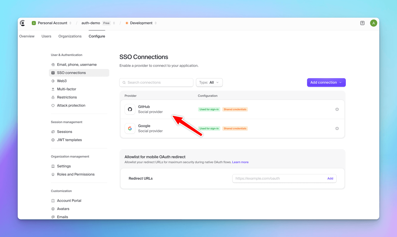 Clerk's SSO Connections list after adding GitHub, showing GitHub and Google rows both tagged Used for sign-in and Shared credentials