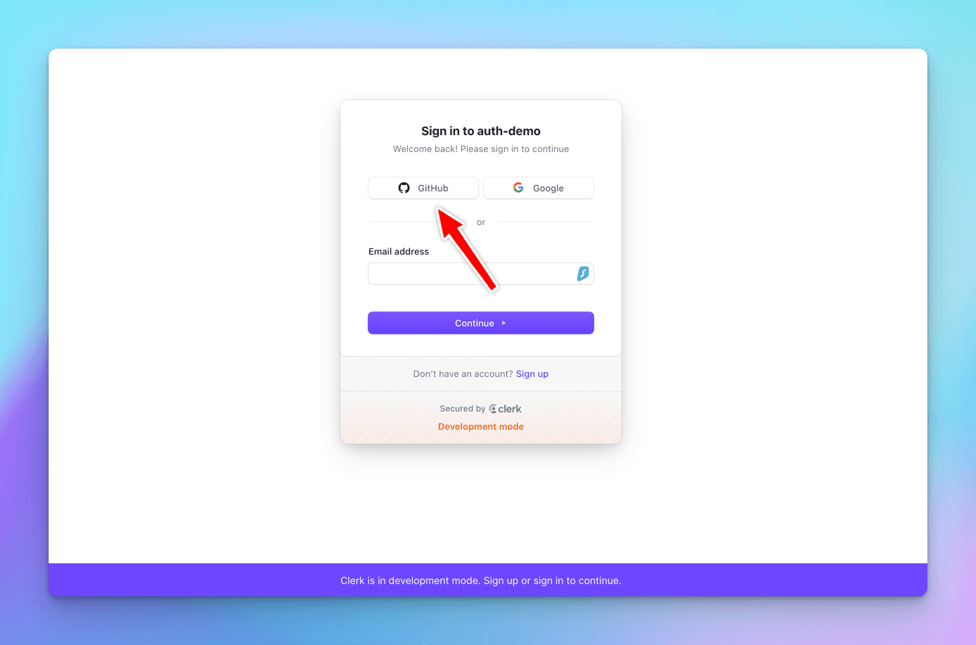 Clerk's Sign in to auth-demo card offering GitHub and Google buttons above an email field, with a red arrow on GitHub and a development mode notice