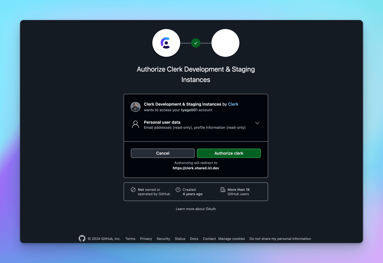 GitHub authorization prompt for Clerk Development & Staging Instances, requesting read-only email and profile data and redirecting to clerk.shared.lcl.dev