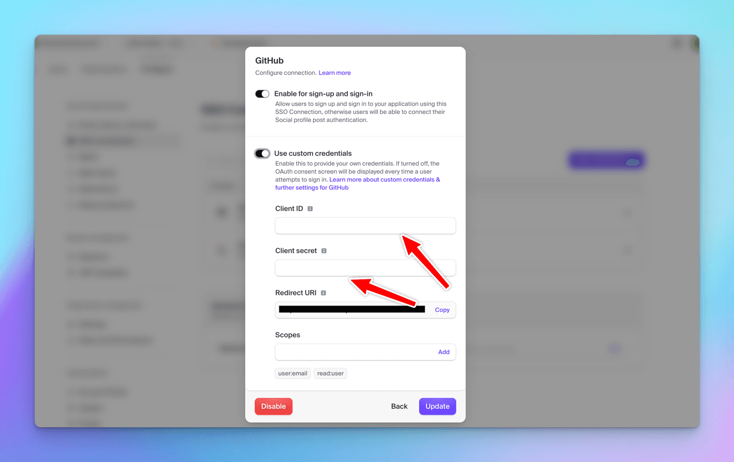 Clerk's GitHub connection settings with Use custom credentials switched on and red arrows pointing at the empty Client ID and Client secret fields