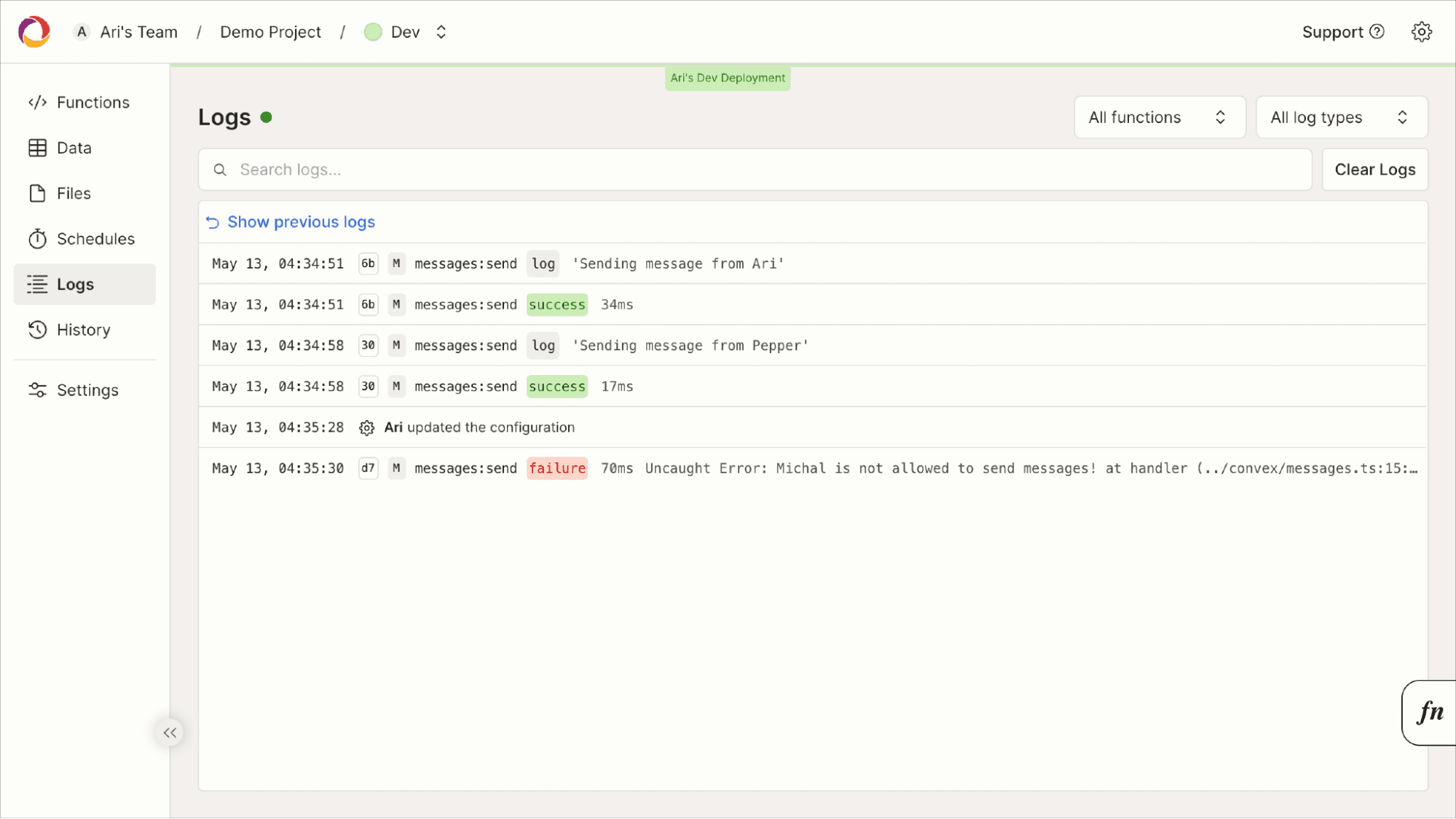 Convex dashboard Logs tab streaming messages:send calls, with green success rows at 34ms and 17ms and a red failure row reporting Michal is not allowed to send messages