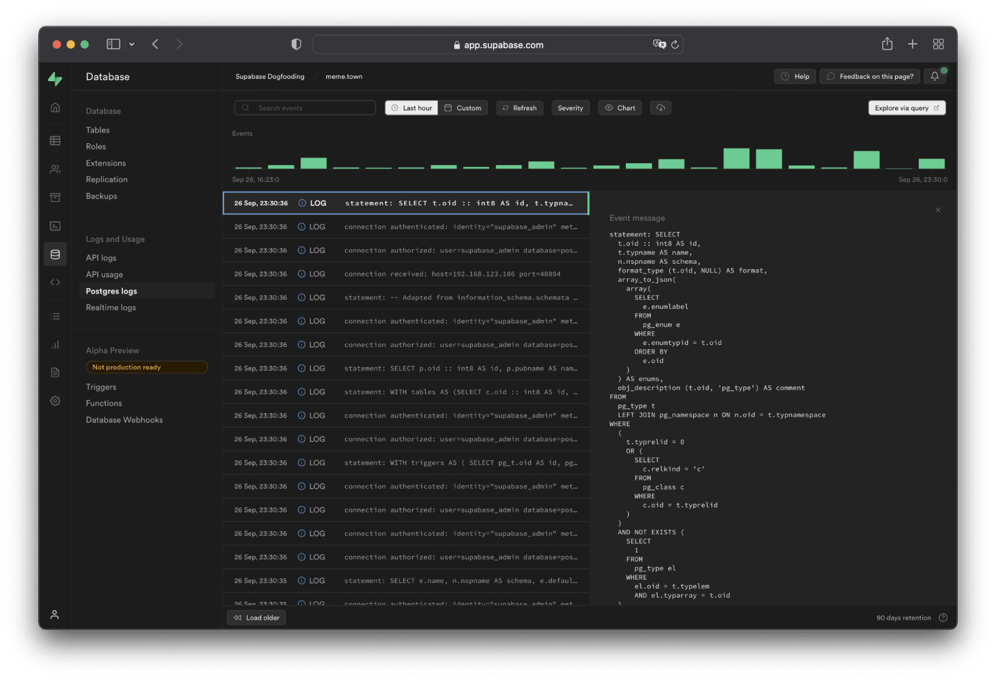 Supabase dashboard Postgres logs with an events bar chart over time, rows of connection authenticated and SELECT statement entries, and a panel showing one event's full SQL
