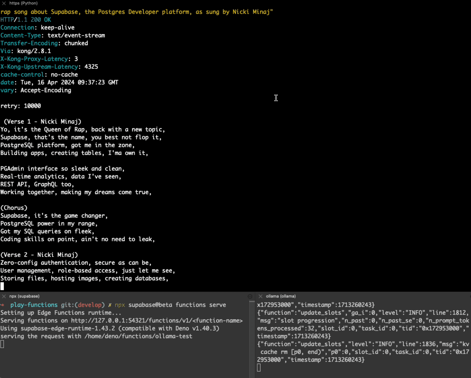 httpie returning a text/event-stream response via kong/2.8.1 that streams Nicki Minaj-style rap verses about Supabase