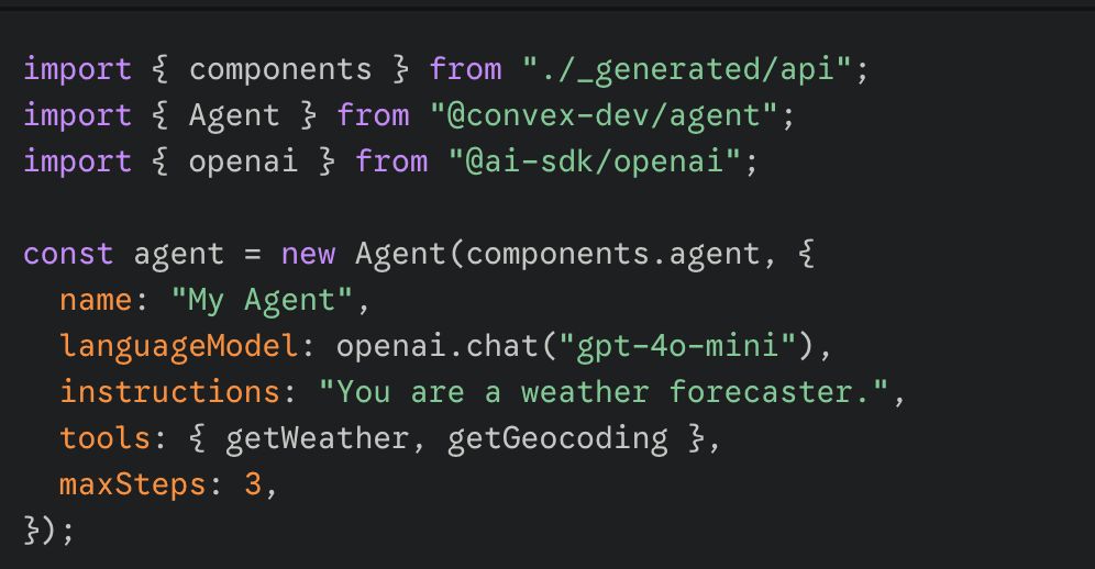 TypeScript defining a Convex Agent called My Agent on gpt-4o-mini, instructed to act as a weather forecaster with getWeather and getGeocoding tools and maxSteps set to 3