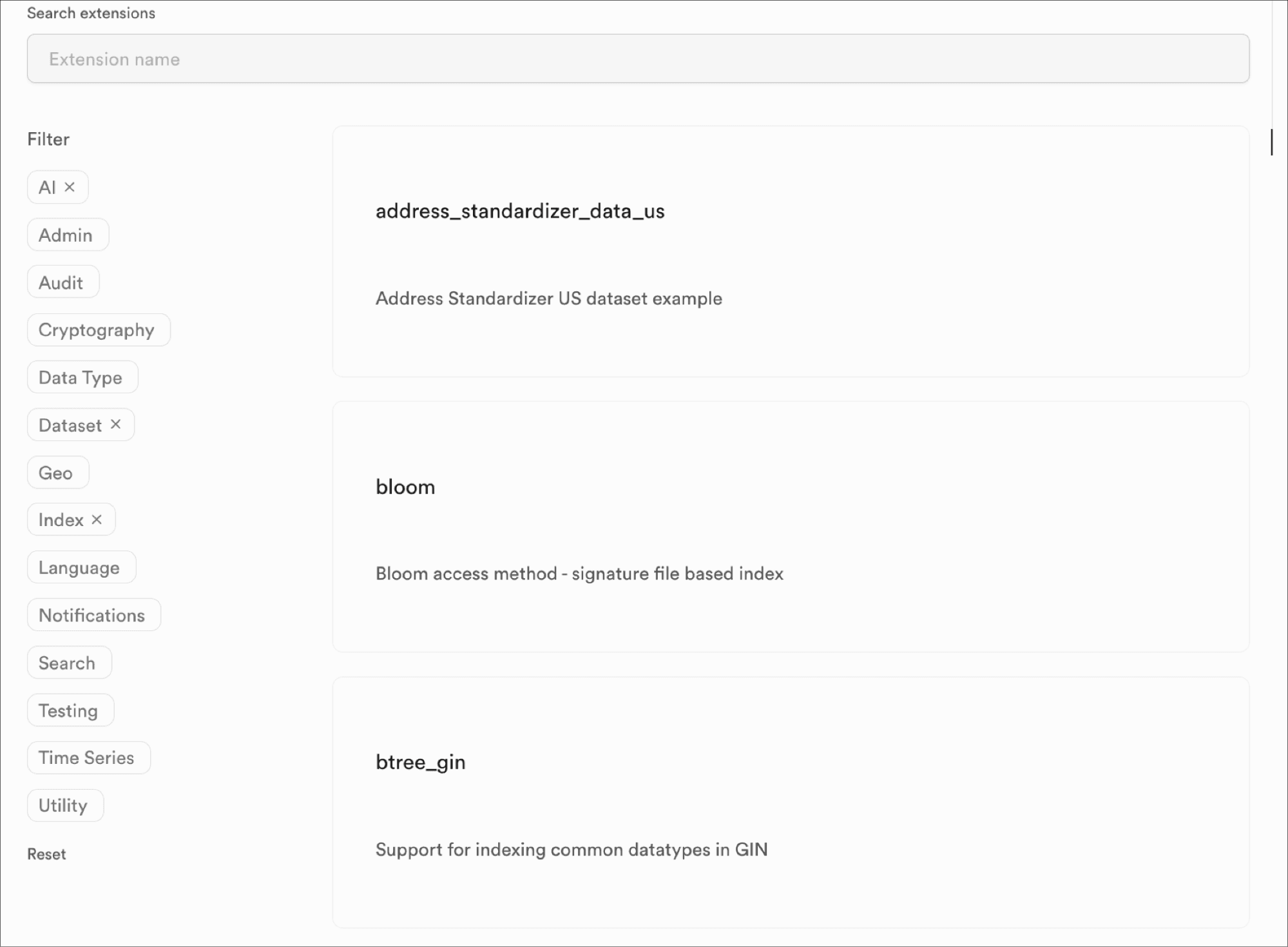 Supabase extension catalogue with category filters such as AI, Cryptography, Geo and Index, listing address_standardizer_data_us, bloom and btree_gin with one-line descriptions