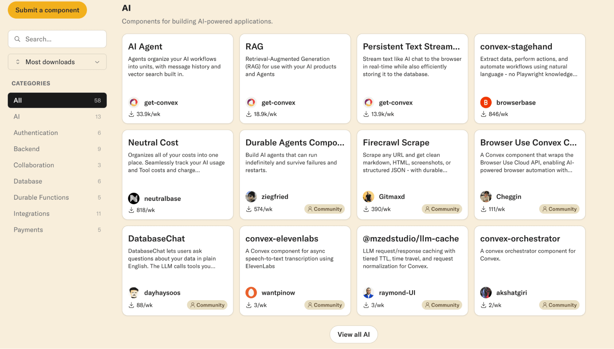 Convex component directory showing the AI category sorted by downloads