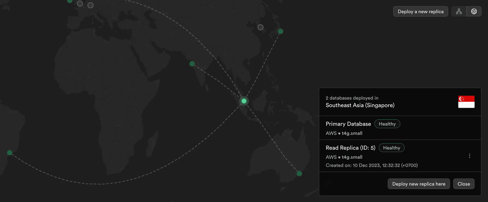 Read replica map panel reporting 2 databases in Southeast Asia (Singapore), a healthy primary and healthy Read Replica ID 5 both on AWS t4g.small