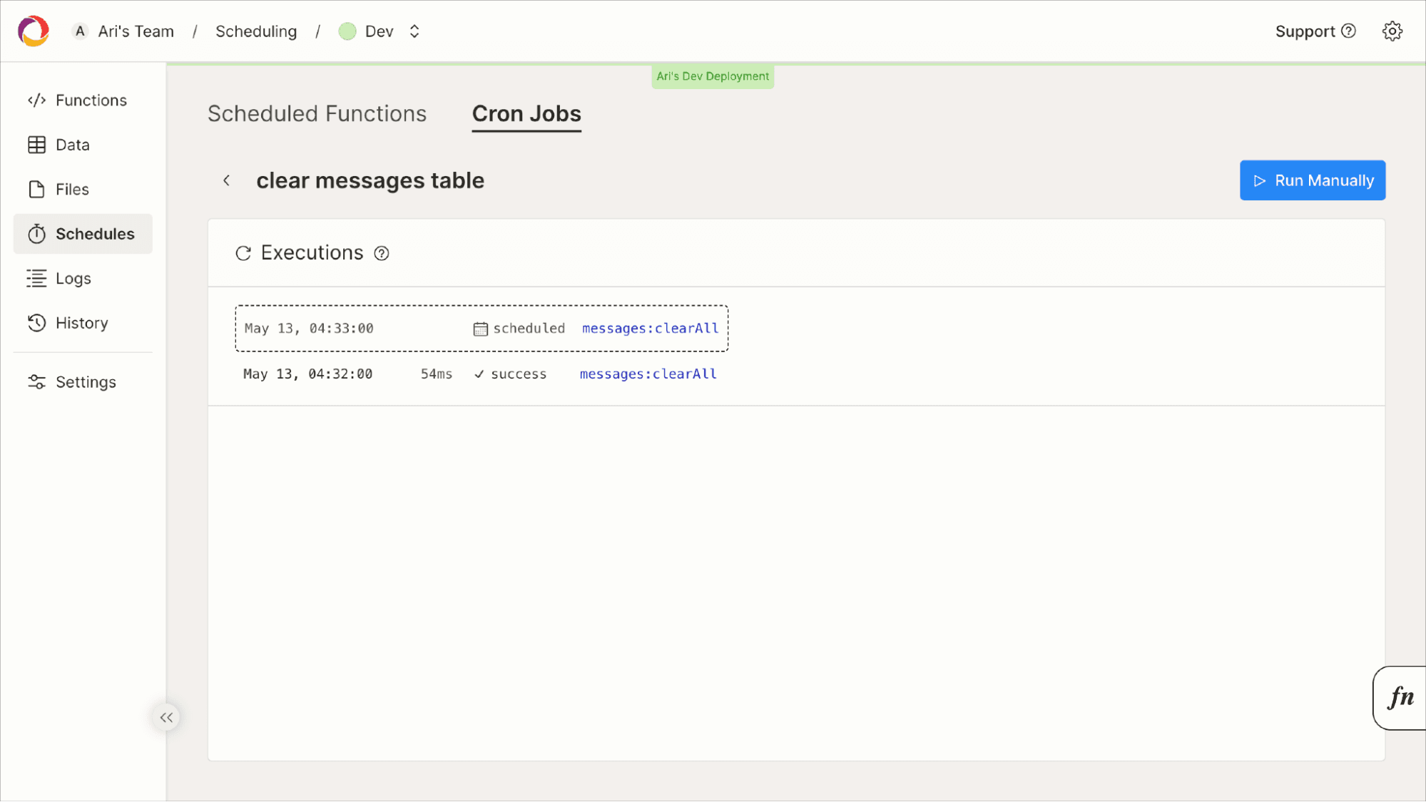 Convex dashboard Cron Jobs tab for the clear messages table job, showing a scheduled messages:clearAll run and an earlier execution that succeeded in 54ms