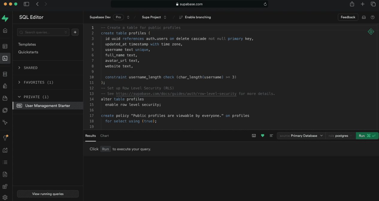Supabase SQL Editor with the User Management Starter snippet open, creating a profiles table, enabling row level security and adding a public read policy
