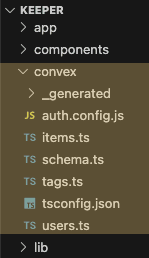 Editor file tree for a Keeper project with the convex folder expanded over _generated, auth.config.js, schema.ts, users.ts and other backend TypeScript files