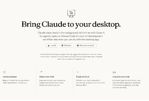 Claude desktop download page pitching Cowork and Claude Code, with macOS, Windows and Windows arm64 buttons above four feature columns