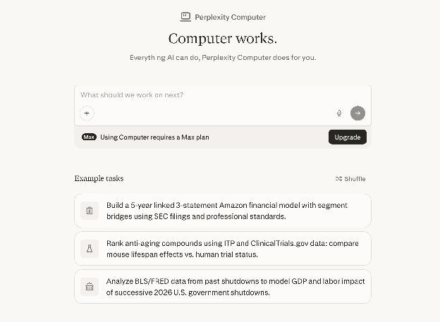 Perplexity Computer prompt box reading What should we work on next?, a Max plan upgrade notice, and example tasks like building an Amazon financial model from SEC filings