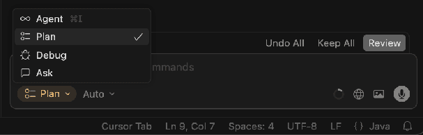 Cursor's mode dropdown listing Agent, Plan, Debug and Ask, with Plan checked and shown in the composer's mode pill
