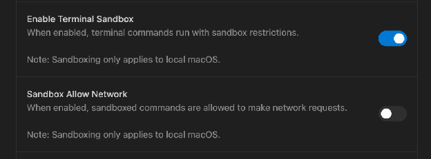 Two settings toggles, Enable Terminal Sandbox switched on and Sandbox Allow Network switched off, each noting that sandboxing only applies to local macOS
